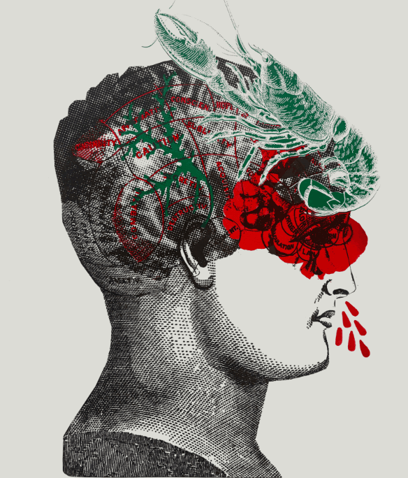 Screen print by Kasia Dyna — profile of a classical bust with red and green organic forms growing from the head
